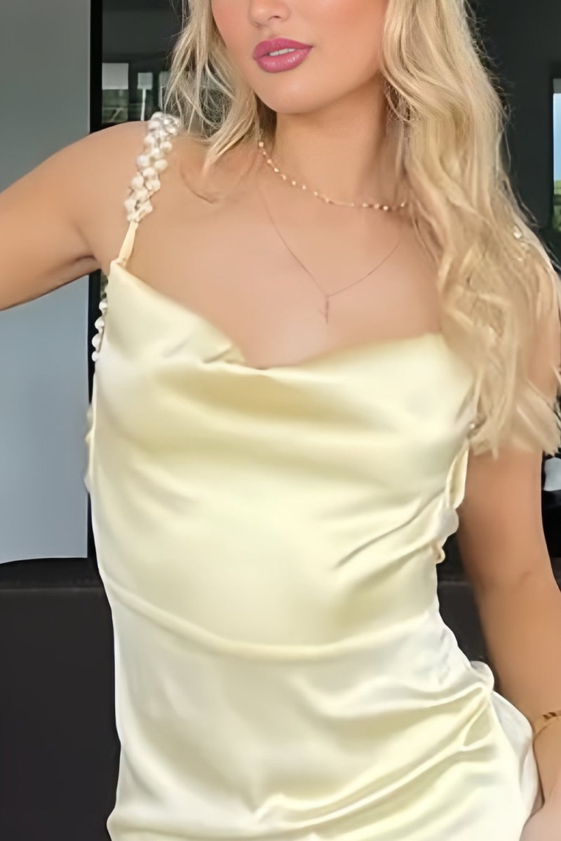 Evale | Yellow - Sheath Spaghetti Straps Satin Long Prom Dresses With Pearls - KissProm