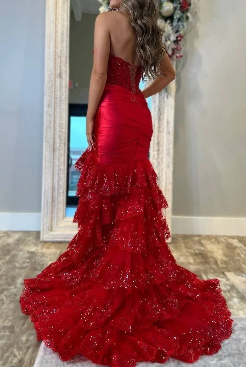 Evaluna | Red Strapless V - Neck Mermaid Pleated Layered Long Prom Dress With Slit - KissProm