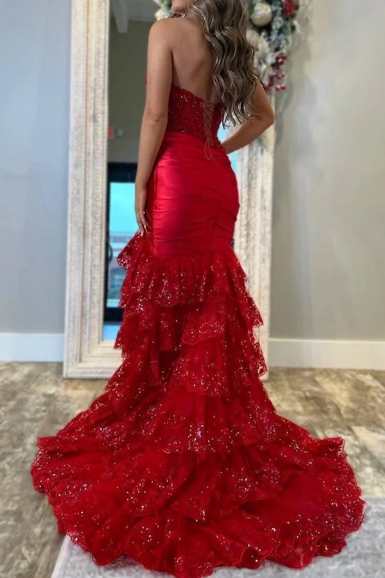 Evaluna | Red Strapless V - Neck Mermaid Pleated Layered Long Prom Dress With Slit - KissProm