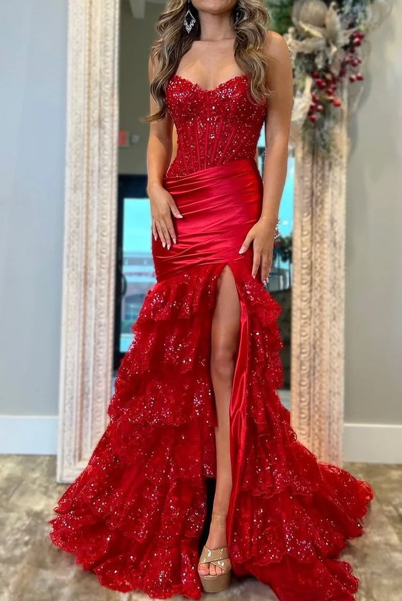 Evaluna | Red Strapless V-Neck Mermaid Pleated Layered Long Prom Dress With Slit