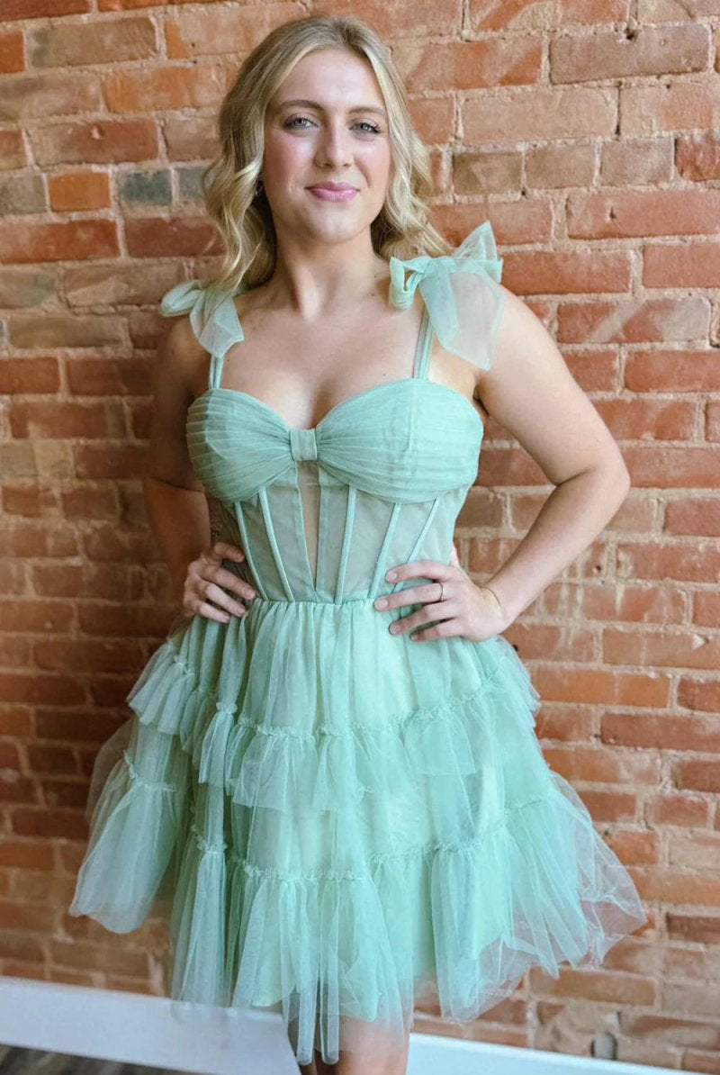 Evander | Sage - A Line Sweetheart Tiered Tulle Short Homecoming Dresses With Bow Straps
