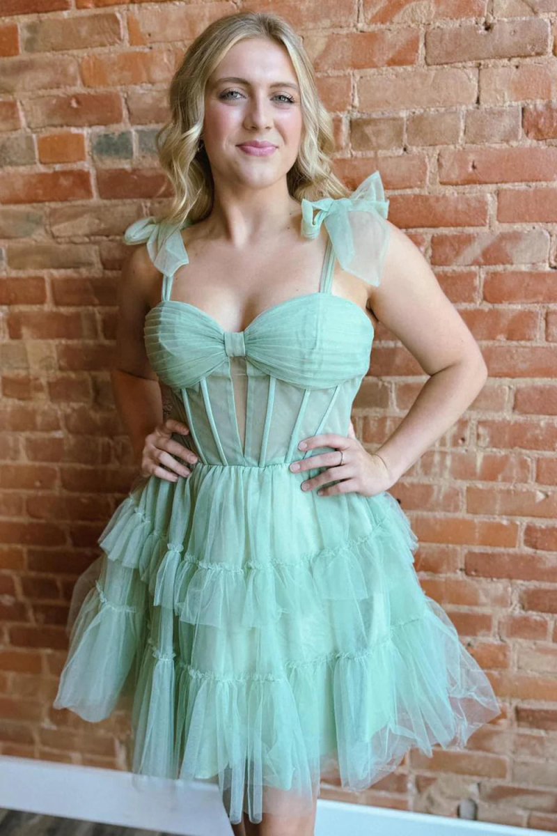 Sage - A Line Sweetheart Tiered Tulle Short Homecoming Dresses With Bo Sage - A Line Sweetheart Tiered Tulle Short Homecoming Dresses With Bo