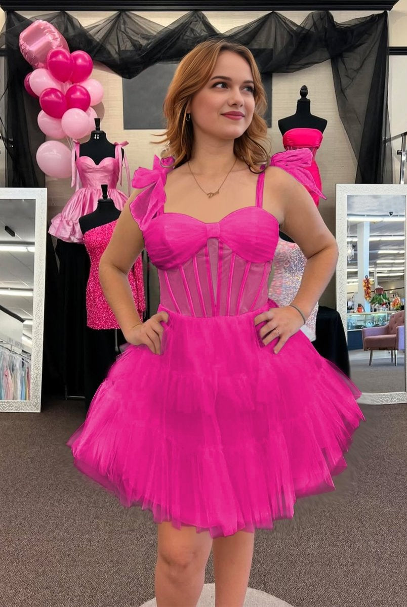 Evander | Fuchsia - A Line Sweetheart Tiered Tulle Short Homecoming Dresses With Bow Straps