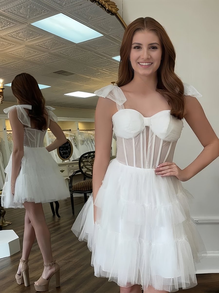 Evander | Ivory - A Line Sweetheart Tiered Tulle Short Homecoming Dresses With Bow Straps
