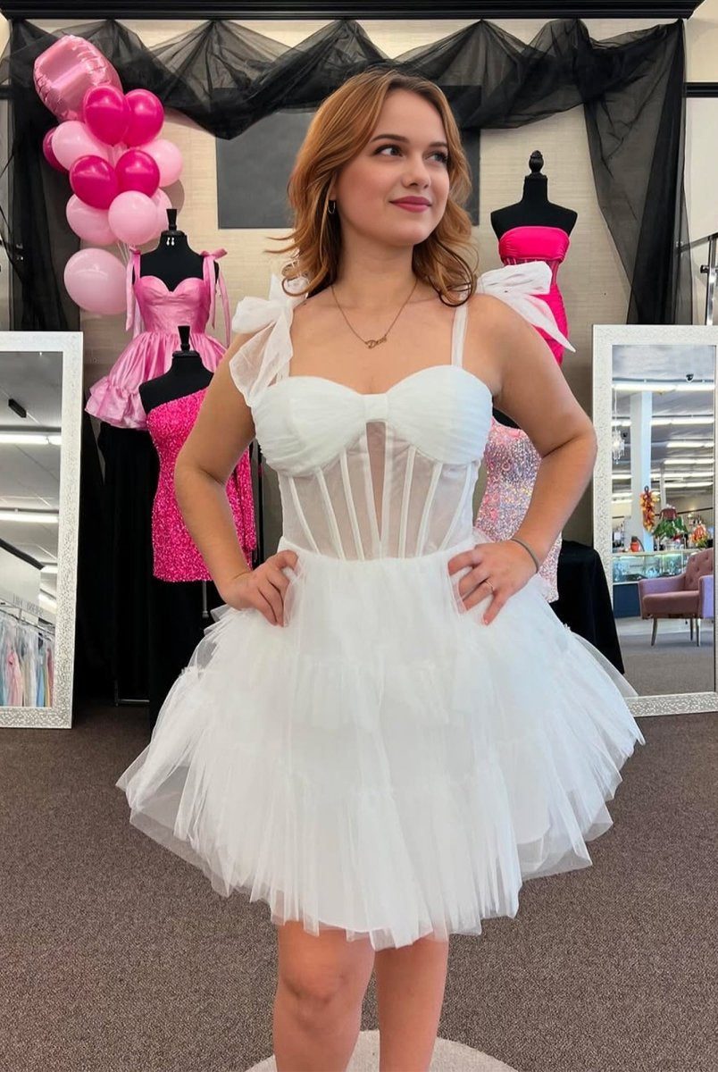 Evander | Ivory - A Line Sweetheart Tiered Tulle Short Homecoming Dresses With Bow Straps