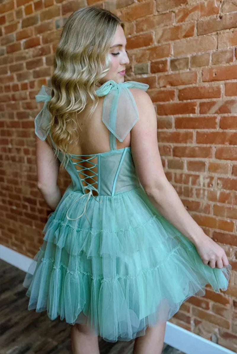Evander | Sage - A Line Sweetheart Tiered Tulle Short Homecoming Dresses With Bow Straps