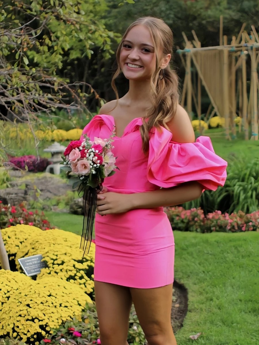 Evenie | Hot Pink - Off the Shoulder Satin Tight Homecoming Dresses With Puffy Sleeves