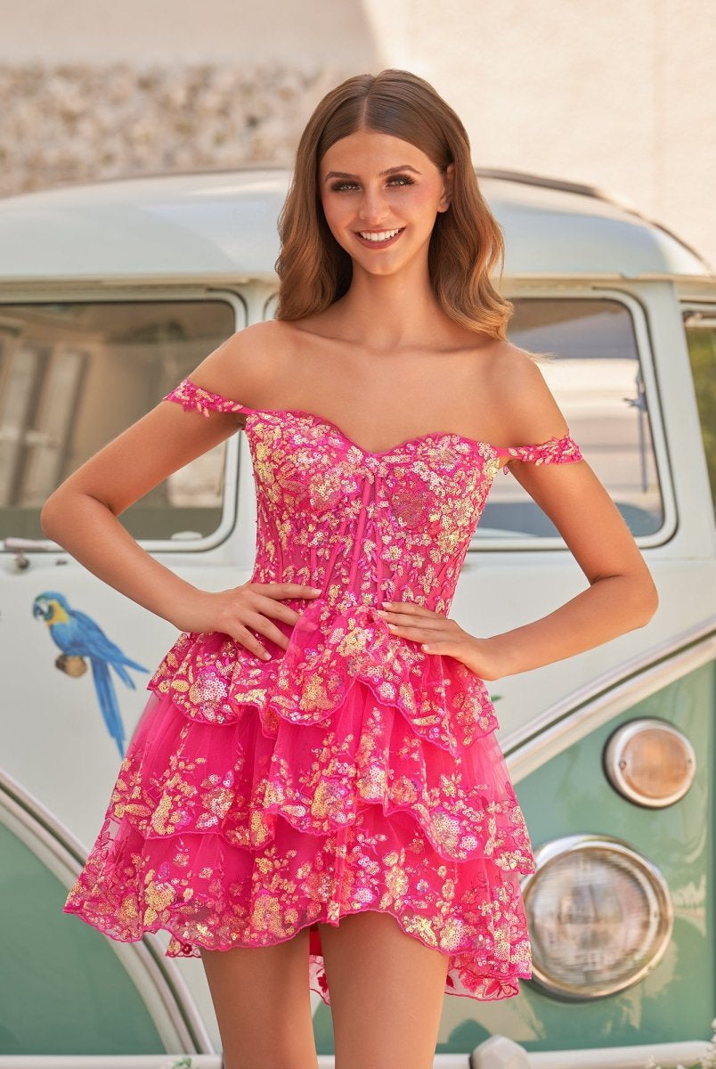 Everly | Fuchsia Gold - A-Line Sweetheart Tiered Short Homecoming Dress