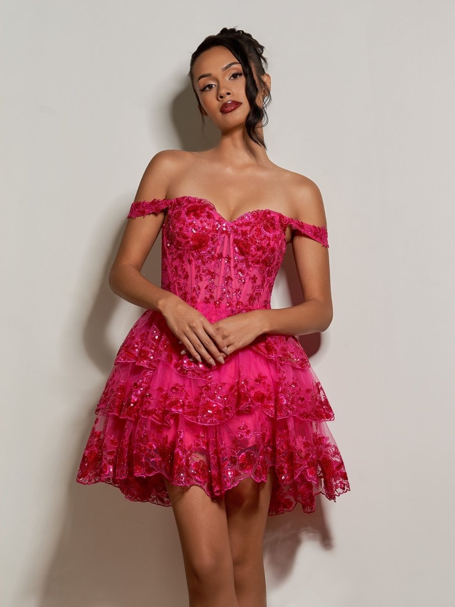 Everly | Fuchsia - A-Line Sweetheart Tiered Short Homecoming Dress