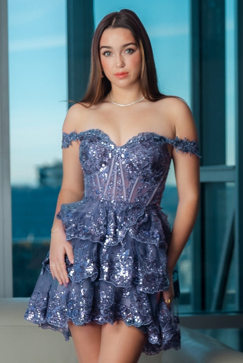 Everly | Grey Blue - A-Line Sweetheart Tiered Short Homecoming Dress