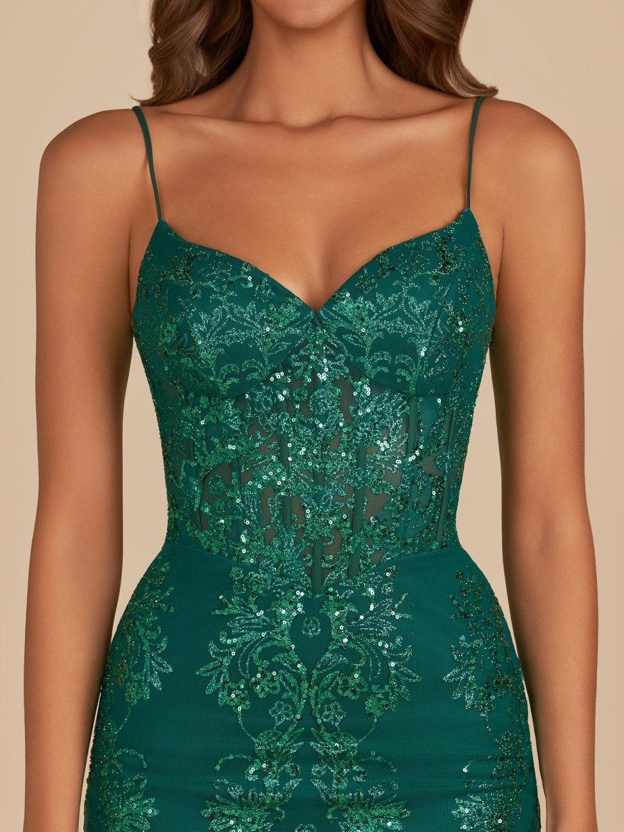 Eviya | Dark Green - Bodycon V Neck Sequined Corset Short Homecoming Dresses