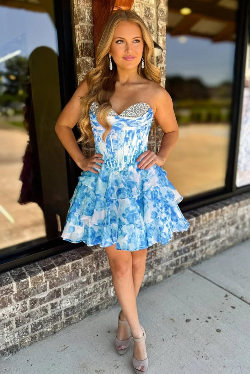 Evolet | Blue - A Line Sweetheart Floral Chiffon Ruffles Homecoming Dress With Beading