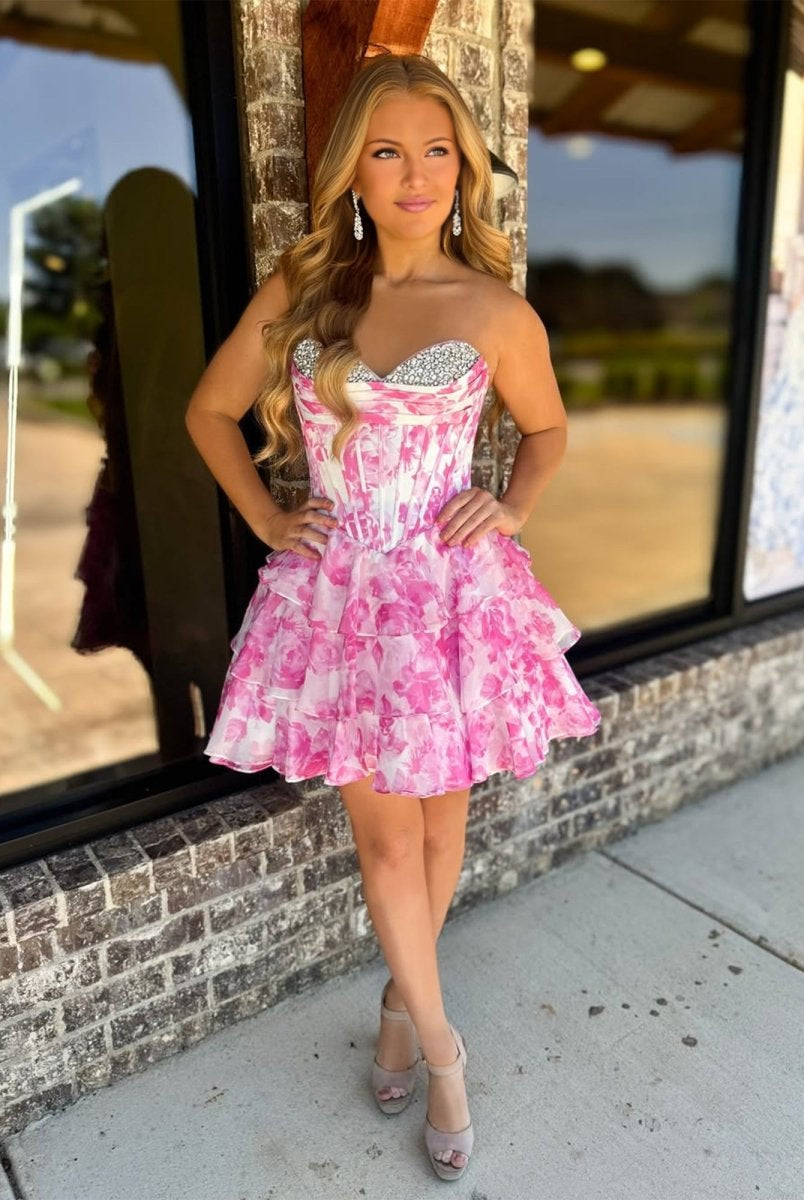 Evolet | Pink - A Line Sweetheart Floral Chiffon Ruffles Homecoming Dress With Beading