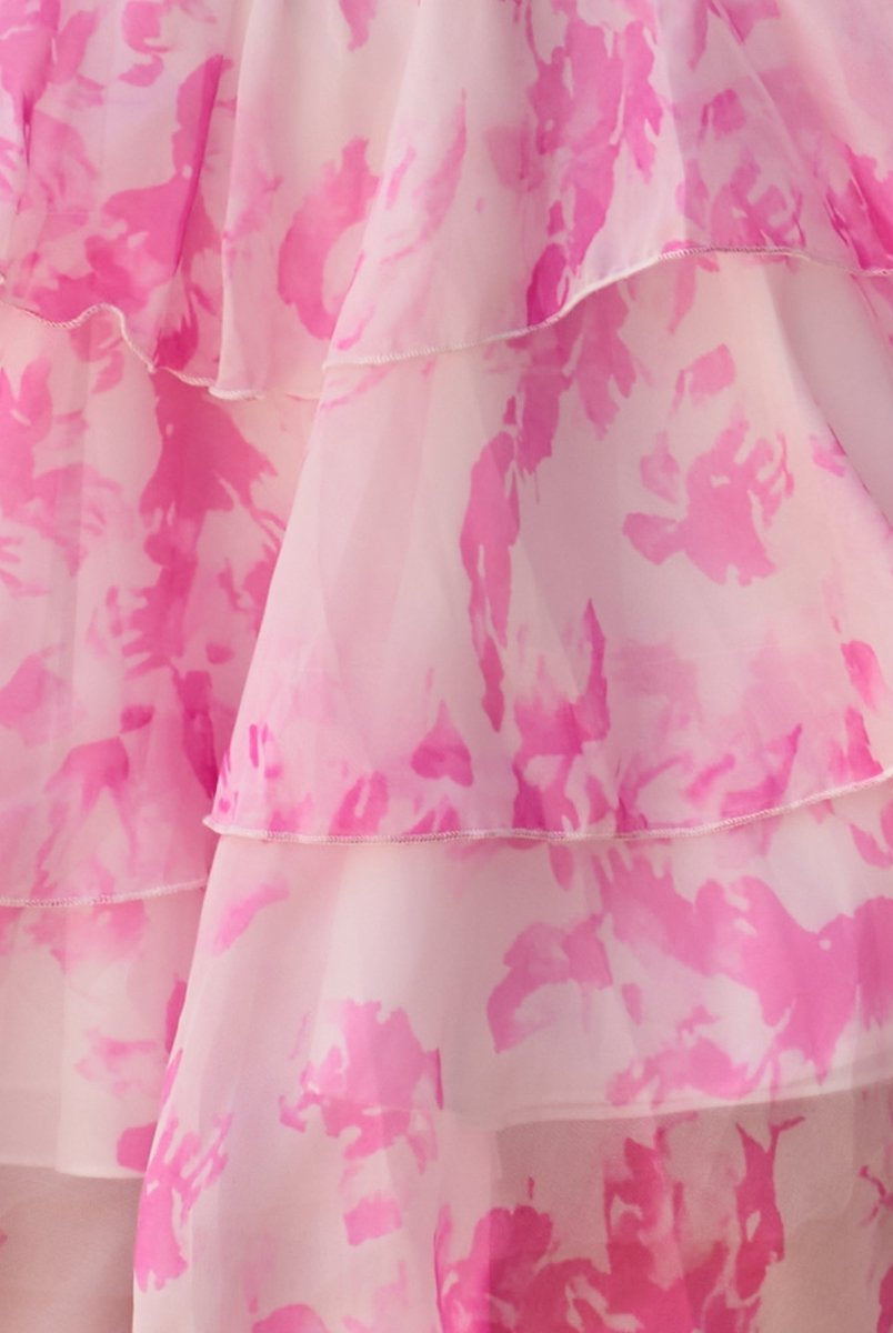 Evolet | Pink - A Line Sweetheart Floral Chiffon Ruffles Homecoming Dress With Beading