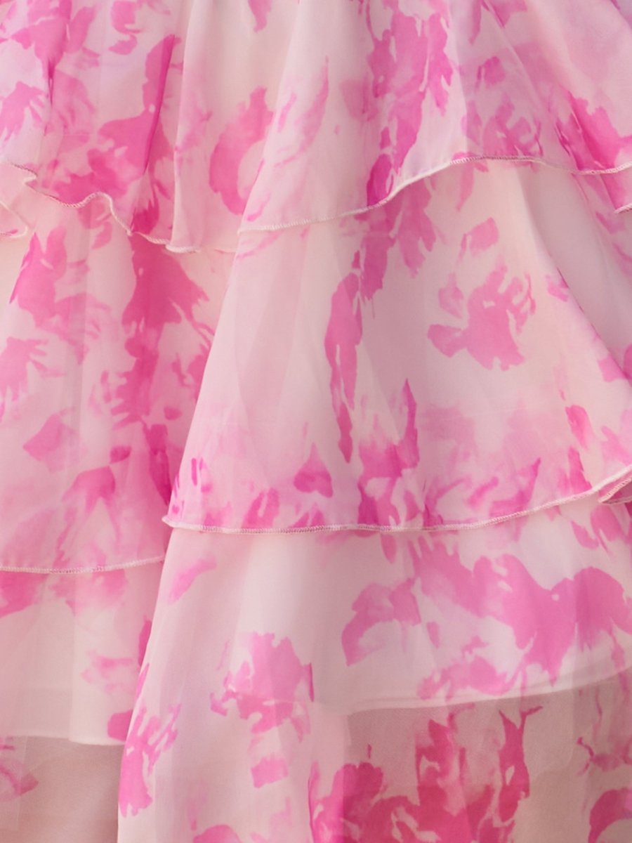 Evolet | Pink - A Line Sweetheart Floral Chiffon Ruffles Homecoming Dress With Beading