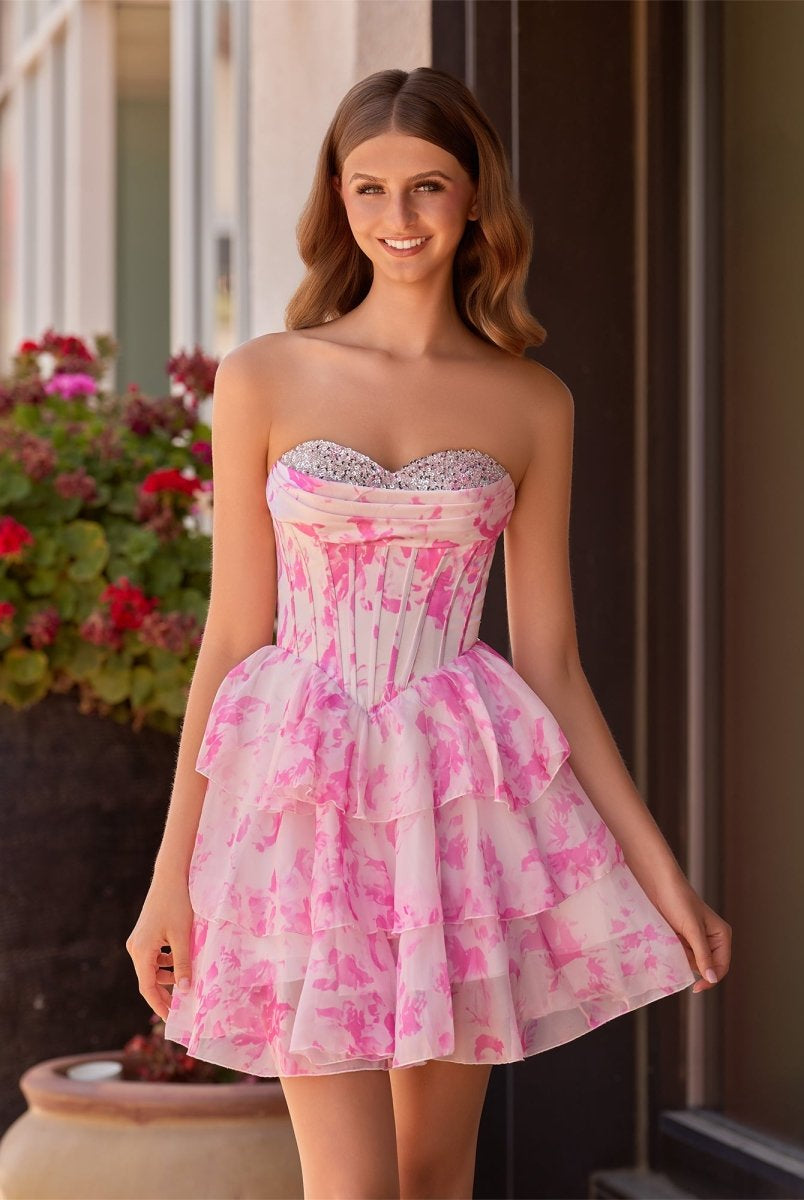 Evolet | Pink - A Line Sweetheart Floral Chiffon Ruffles Homecoming Dress With Beading