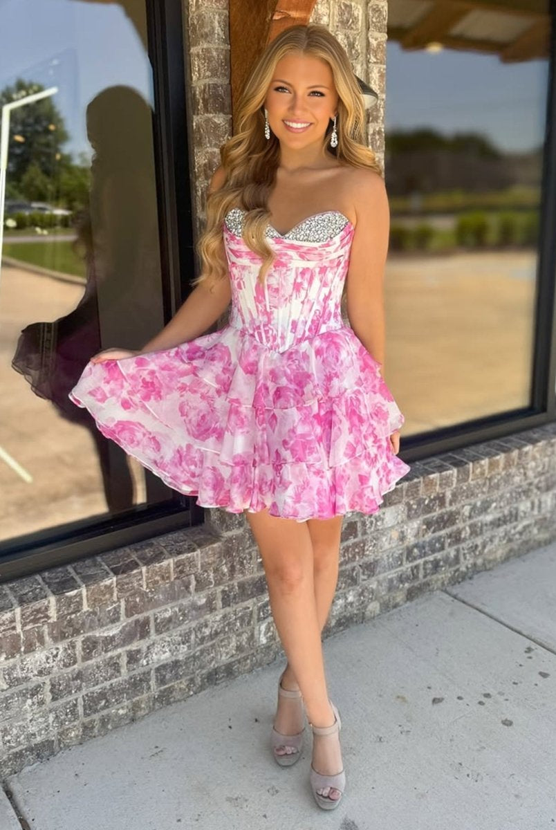 Evolet | Pink - A Line Sweetheart Floral Chiffon Ruffles Homecoming Dress With Beading