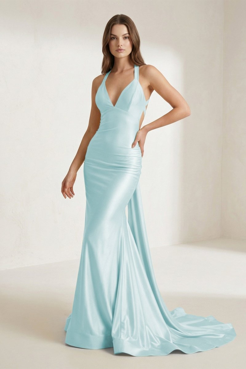 Evraelle | Pink - V Neck Satin Mermaid Open Back Long Formal Prom Dresses - KissProm