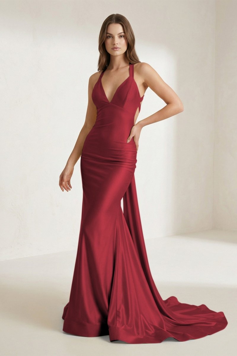 Evraelle | Burgundy - V Neck Satin Mermaid Open Back Long Formal Prom Dresses-KissProm