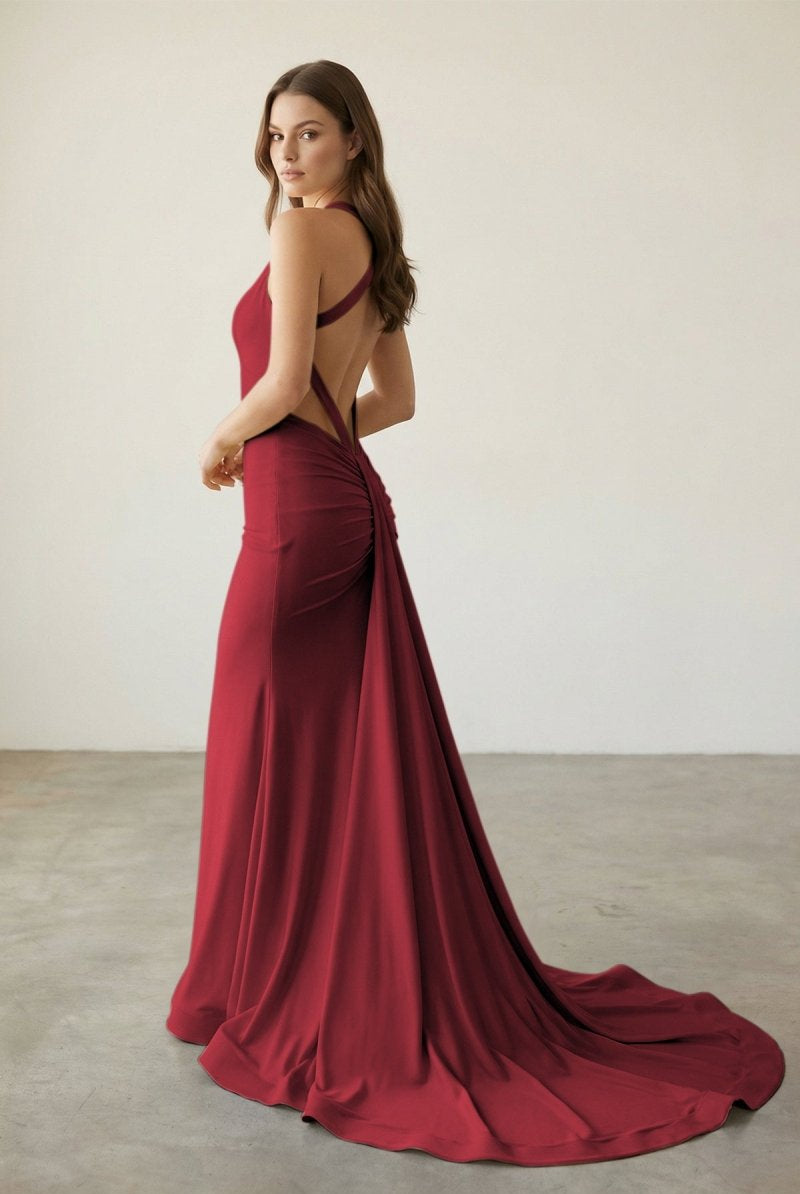 Evraelle | Pink - V Neck Satin Mermaid Open Back Long Formal Prom Dresses - KissProm