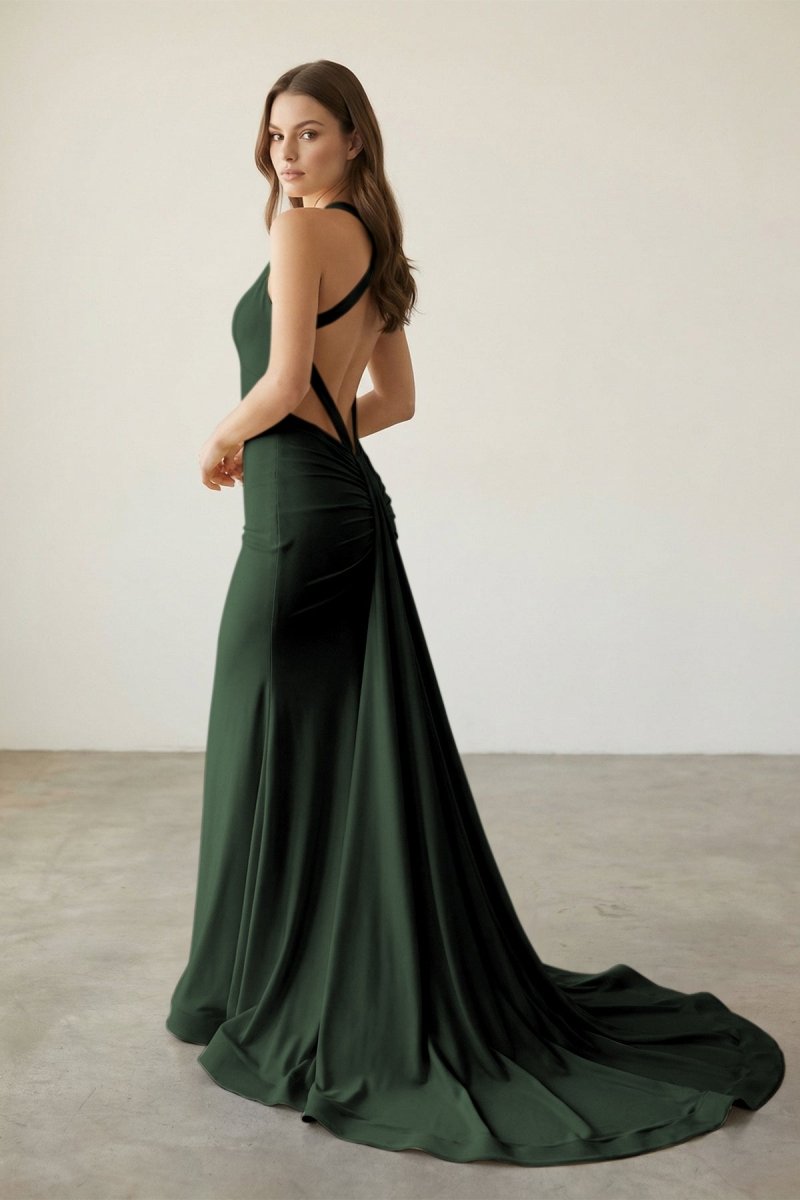 Evraelle | Dark Green - V Neck Satin Mermaid Open Back Long Formal Prom Dresses-KissProm