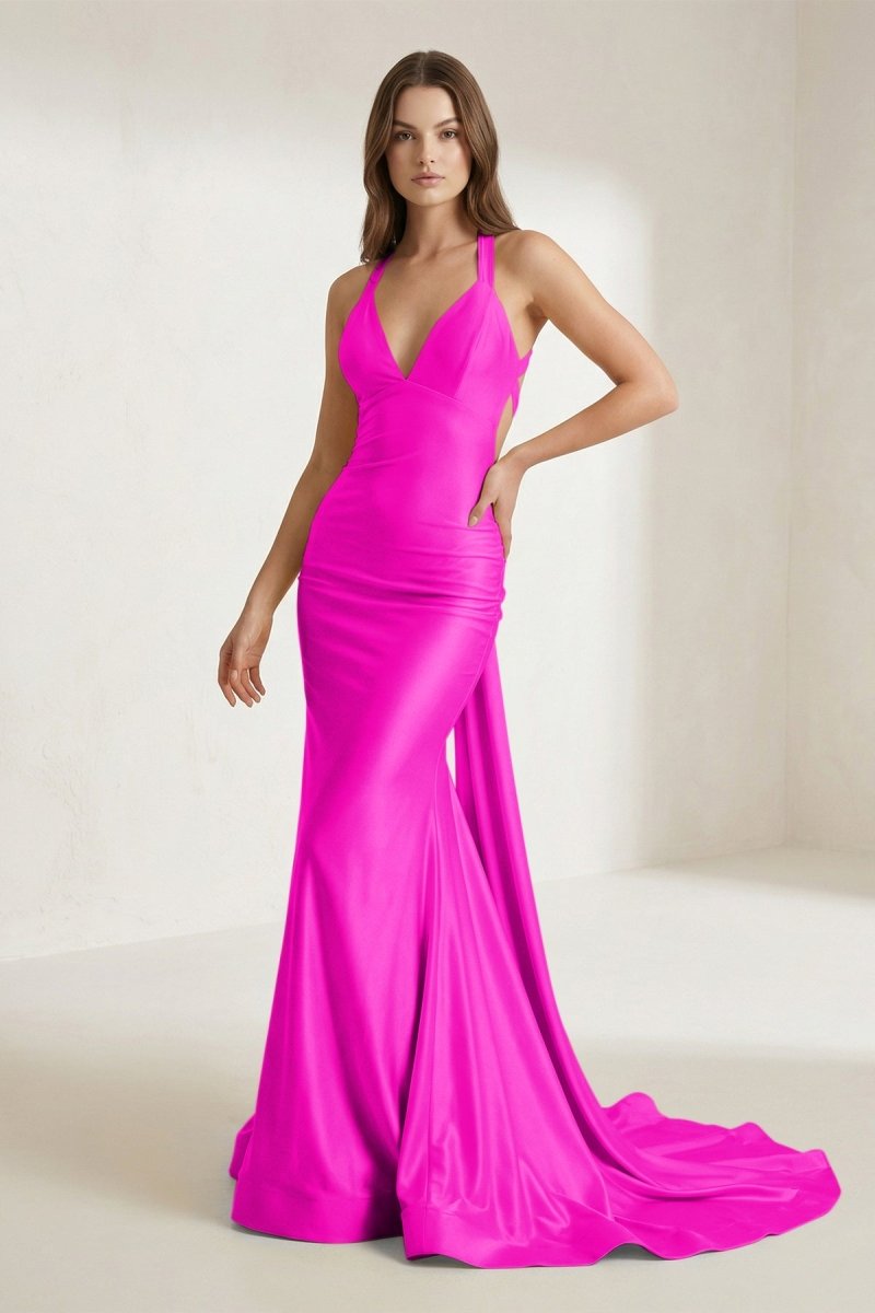 Evraelle | Fuchsia - V Neck Satin Mermaid Open Back Long Formal Prom Dresses-KissProm