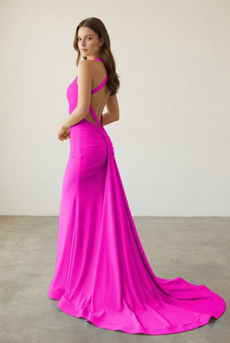 Evraelle | Fuchsia - V Neck Satin Mermaid Open Back Long Formal Prom Dresses-KissProm