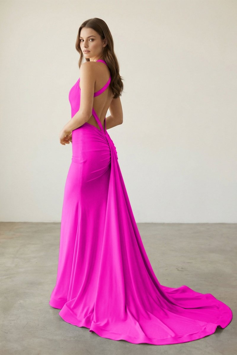 Evraelle | Fuchsia - V Neck Satin Mermaid Open Back Long Formal Prom Dresses-KissProm