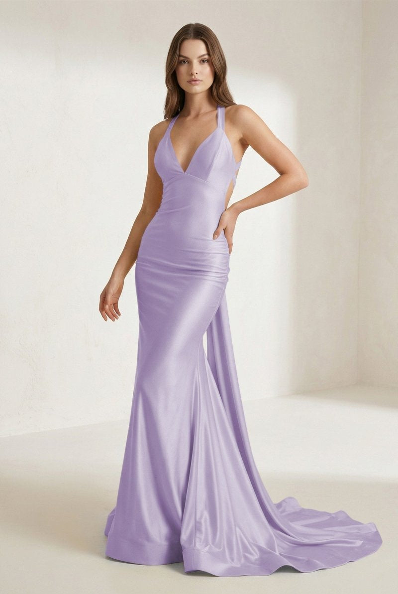 Evraelle | Lavender - V Neck Satin Mermaid Open Back Long Formal Prom Dresses-KissProm