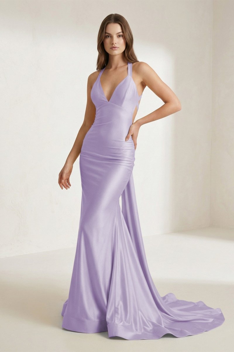 Evraelle | Lavender - V Neck Satin Mermaid Open Back Long Formal Prom Dresses-KissProm