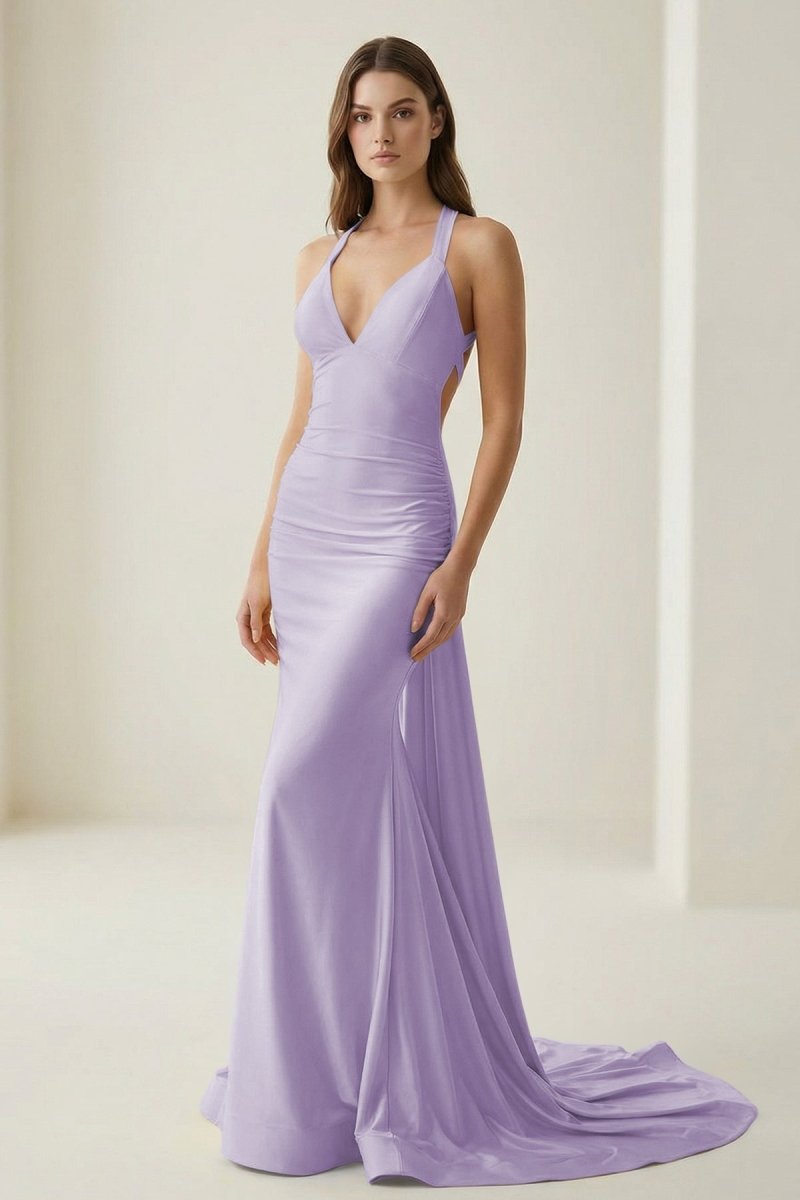 Evraelle | Lavender - V Neck Satin Mermaid Open Back Long Formal Prom Dresses-KissProm