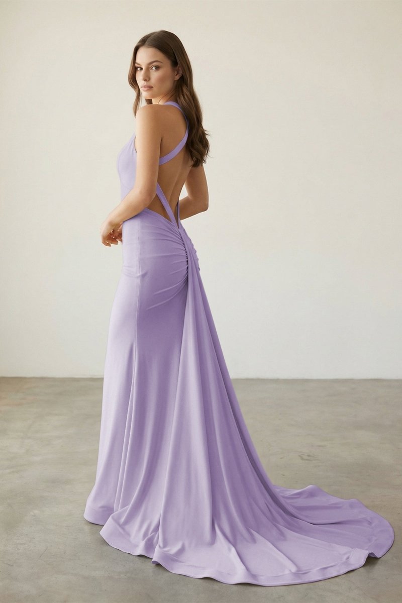Evraelle | Pink - V Neck Satin Mermaid Open Back Long Formal Prom Dresses - KissProm