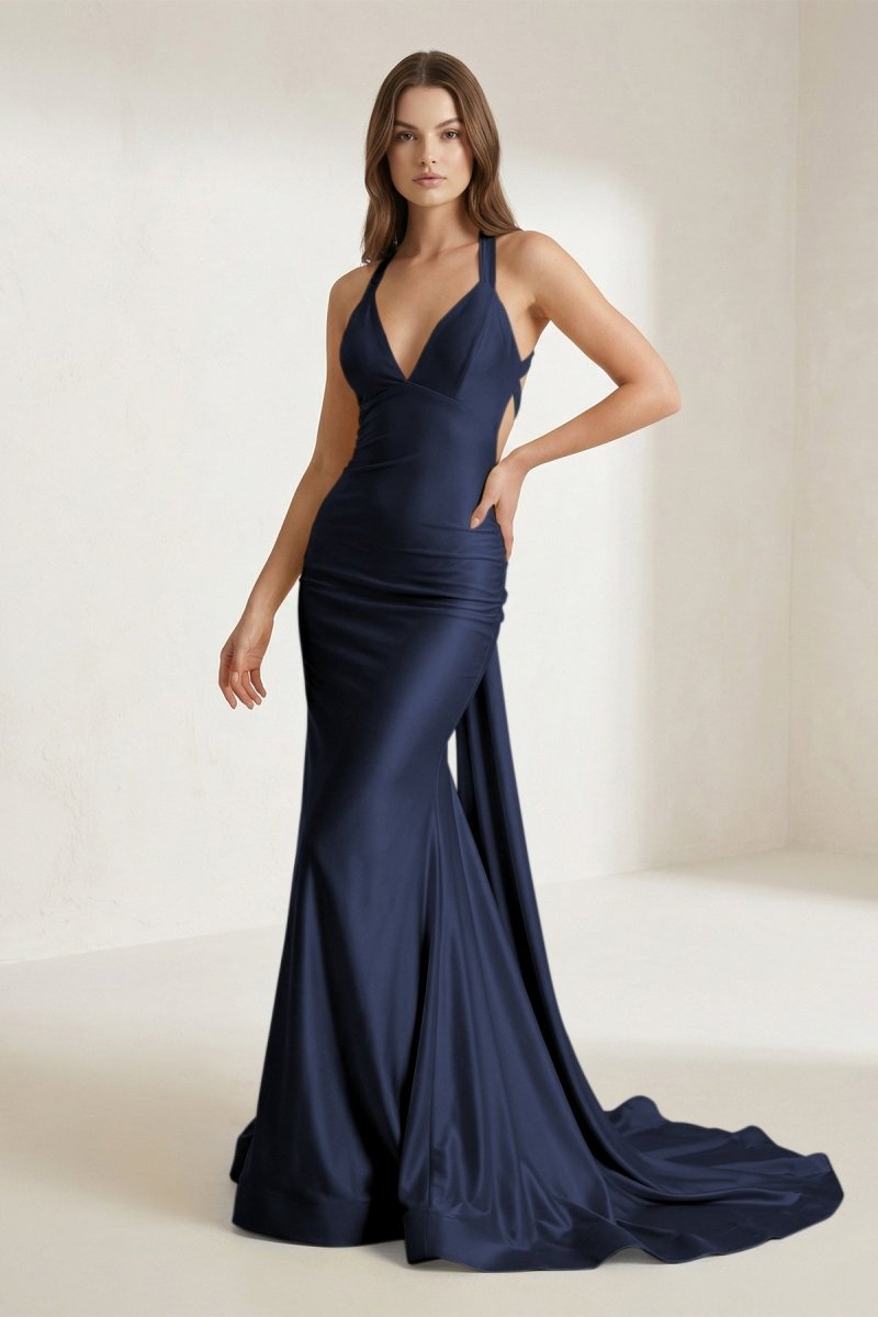 Evraelle | Navy Blue - V Neck Satin Mermaid Open Back Long Formal Prom Dresses-KissProm
