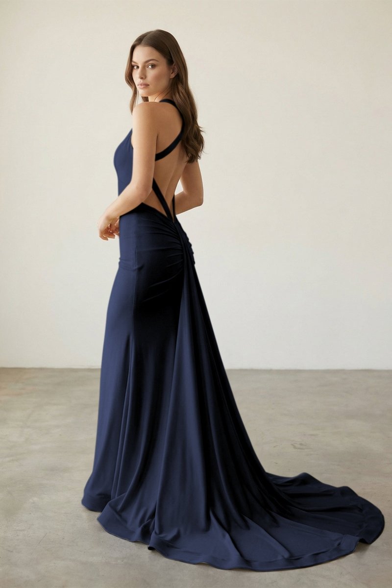 Evraelle | Navy Blue - V Neck Satin Mermaid Open Back Long Formal Prom Dresses-KissProm