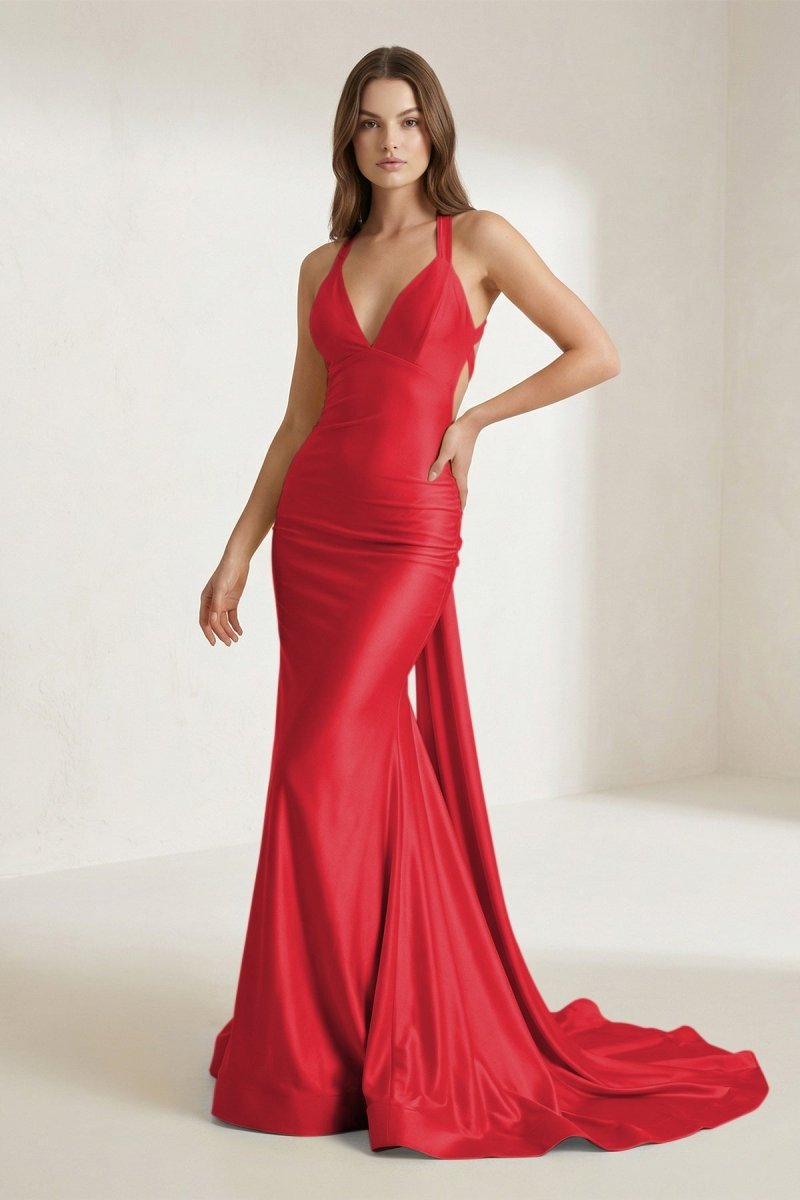 Evraelle | Red - V Neck Satin Mermaid Open Back Long Formal Prom Dresses-KissProm