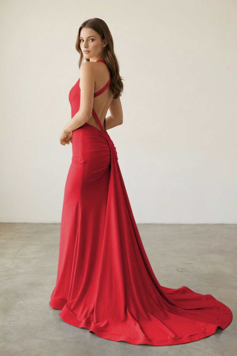 Evraelle | Red - V Neck Satin Mermaid Open Back Long Formal Prom Dresses-KissProm