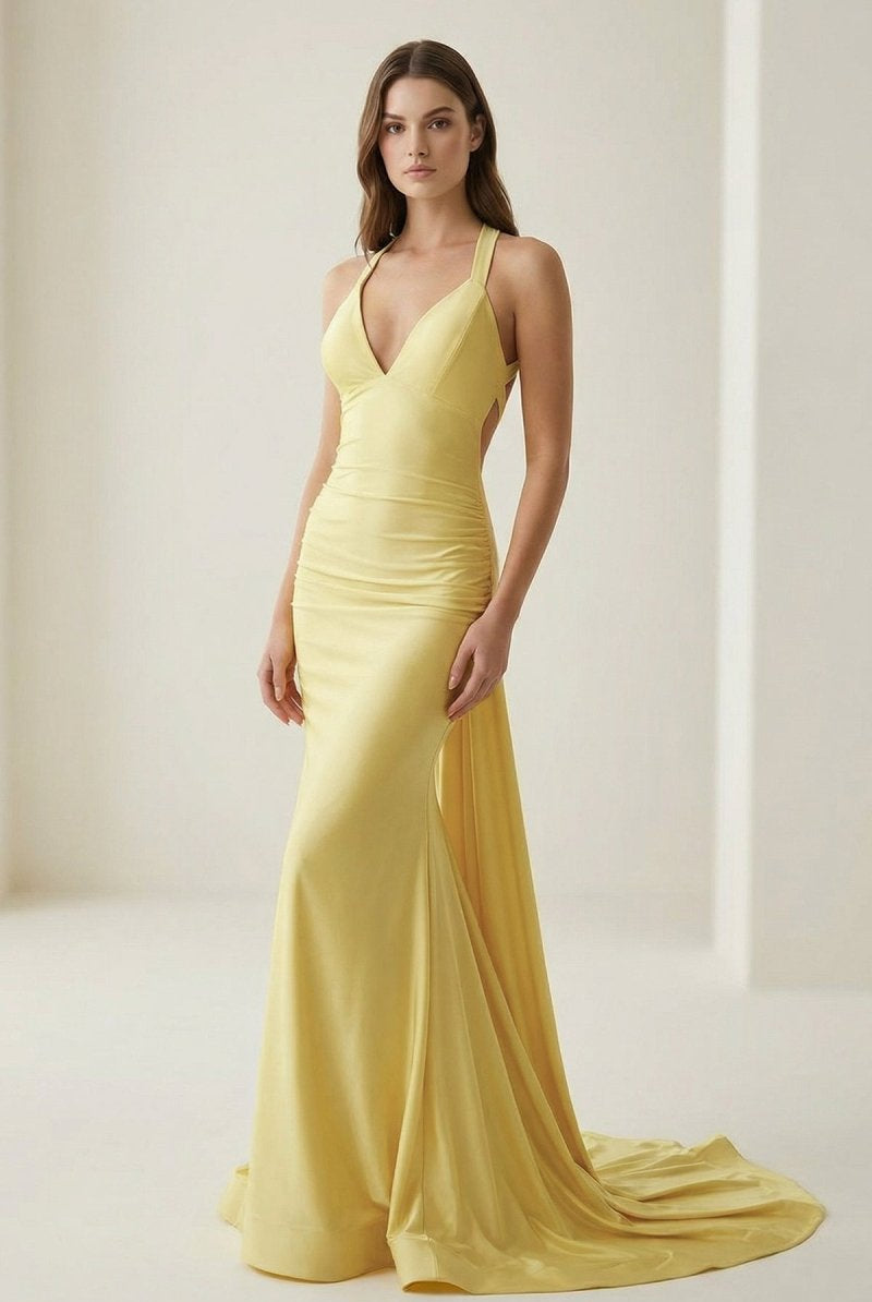 Evraelle | Yellow - V Neck Satin Mermaid Open Back Long Formal Prom Dresses - KissProm