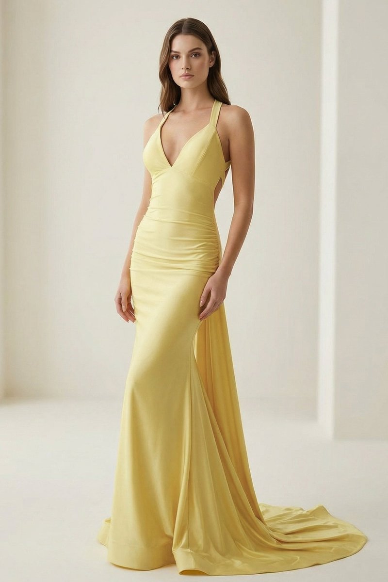 Evraelle | Yellow - V Neck Satin Mermaid Open Back Long Formal Prom Dresses - KissProm
