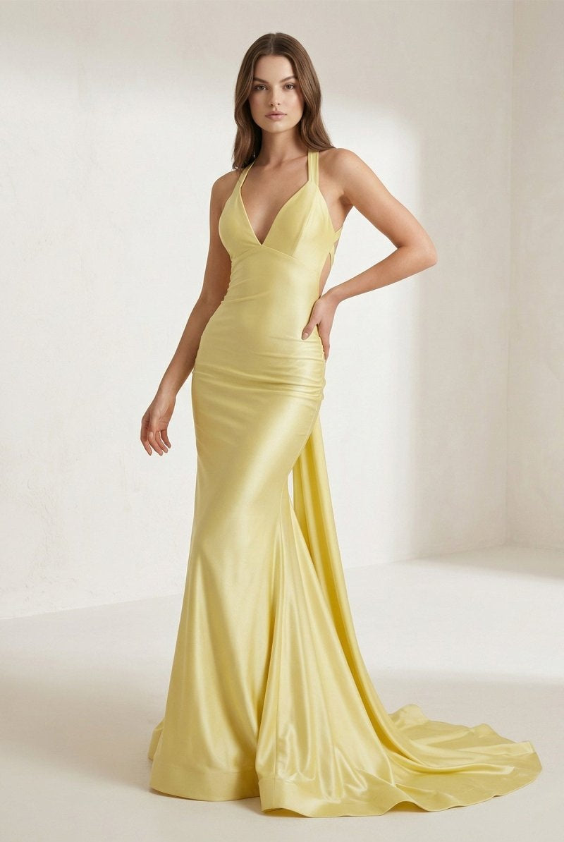 Evraelle | Yellow - V Neck Satin Mermaid Open Back Long Formal Prom Dresses - KissProm