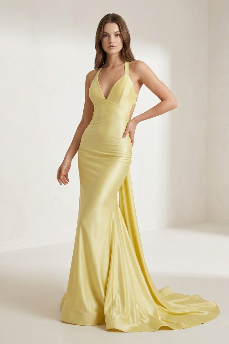 Evraelle | Yellow - V Neck Satin Mermaid Open Back Long Formal Prom Dresses - KissProm
