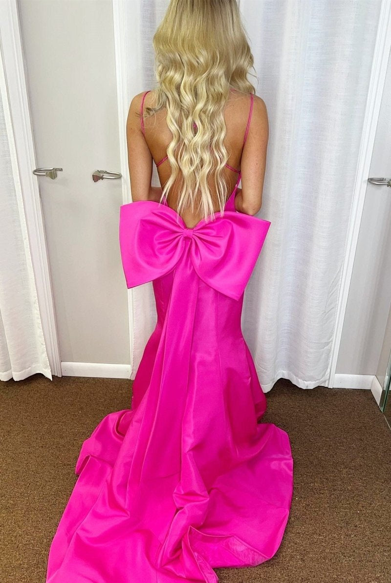 Evynn | Hot Pink V - Neck Bow - Back Trumpet Long Gown - KissProm