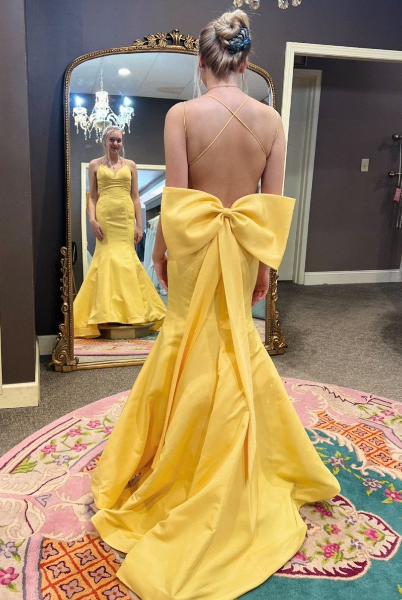 Evynn | Hot Pink V - Neck Bow - Back Trumpet Long Gown - KissProm