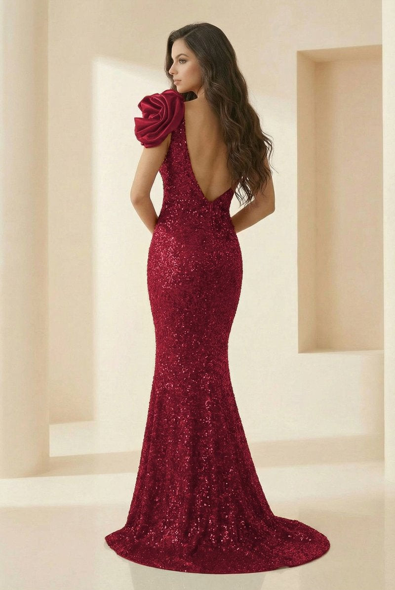 Evyra | Red - One Shoulder Mermaid Sequins Long Formal Prom Dresses With Flower - KissProm