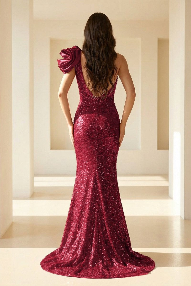 Evyra | Red - One Shoulder Mermaid Sequins Long Formal Prom Dresses With Flower - KissProm