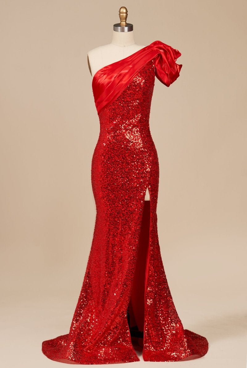 Evyra | Red - One Shoulder Mermaid Sequins Long Formal Prom Dresses With Flower - KissProm