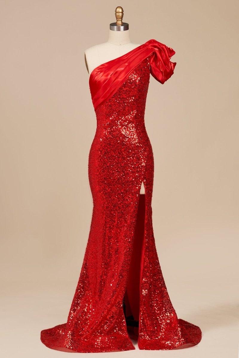 Evyra | Red - One Shoulder Mermaid Sequins Long Formal Prom Dresses With Flower - KissProm