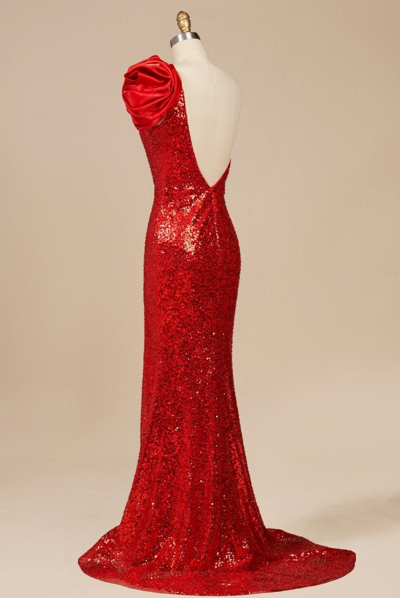 Evyra | Red - One Shoulder Mermaid Sequins Long Formal Prom Dresses With Flower - KissProm