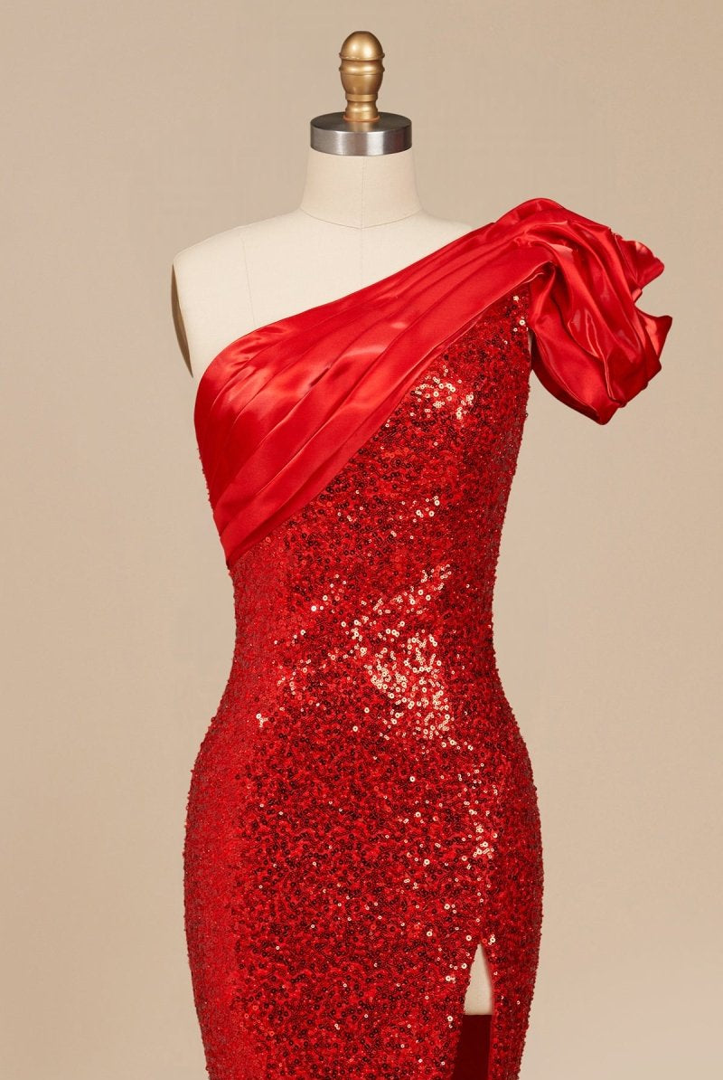 Evyra | Red - One Shoulder Mermaid Sequins Long Formal Prom Dresses With Flower - KissProm