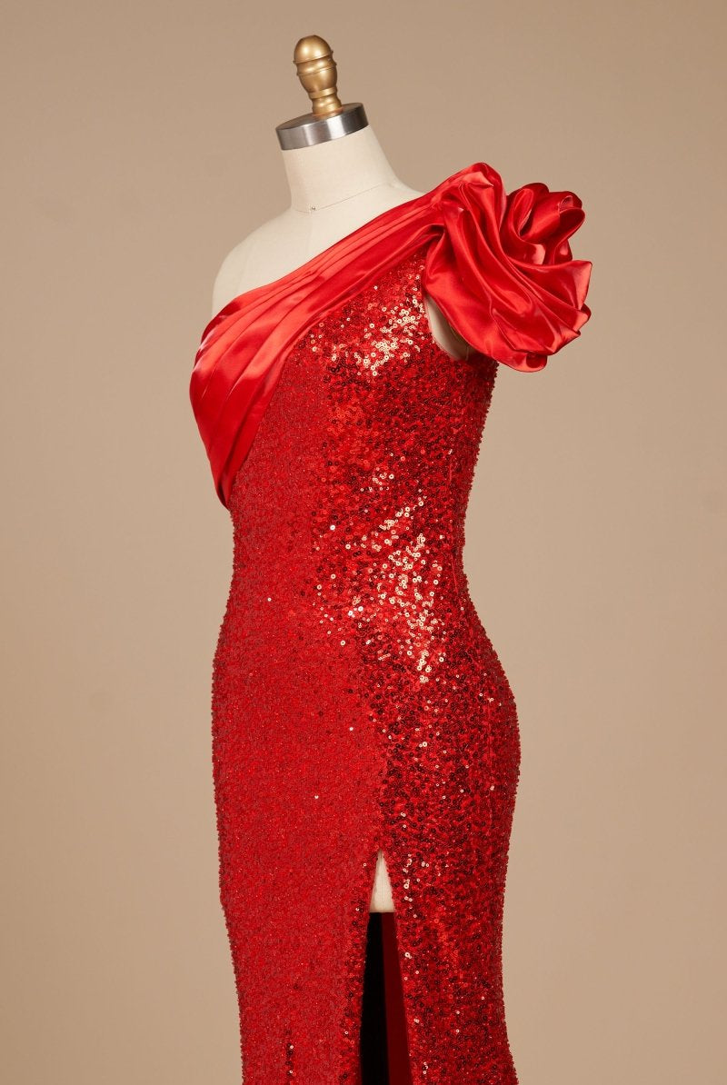 Evyra | Red - One Shoulder Mermaid Sequins Long Formal Prom Dresses With Flower - KissProm