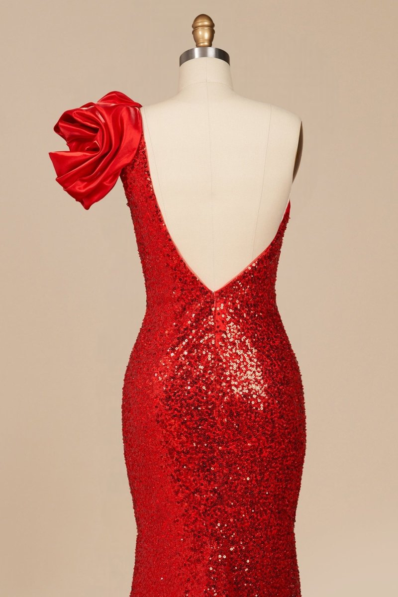 Evyra | Red - One Shoulder Mermaid Sequins Long Formal Prom Dresses With Flower - KissProm